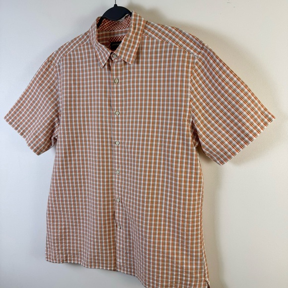 Johnston & Murphy Short Sleeve Button Front Down Shirt Plaid Orange Tan White - Picture 4 of 10